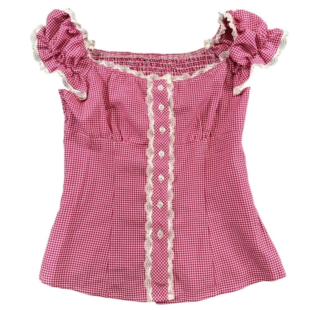 SHEIN Pink Gingham Milkmaid Top Lace Trim Smocked Back Ruffle Sleeve Small US 4